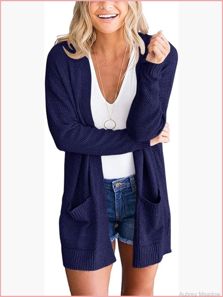 Womens Long Sleeve Waffle Knit Cardigan Sweater Open Front With Pockets